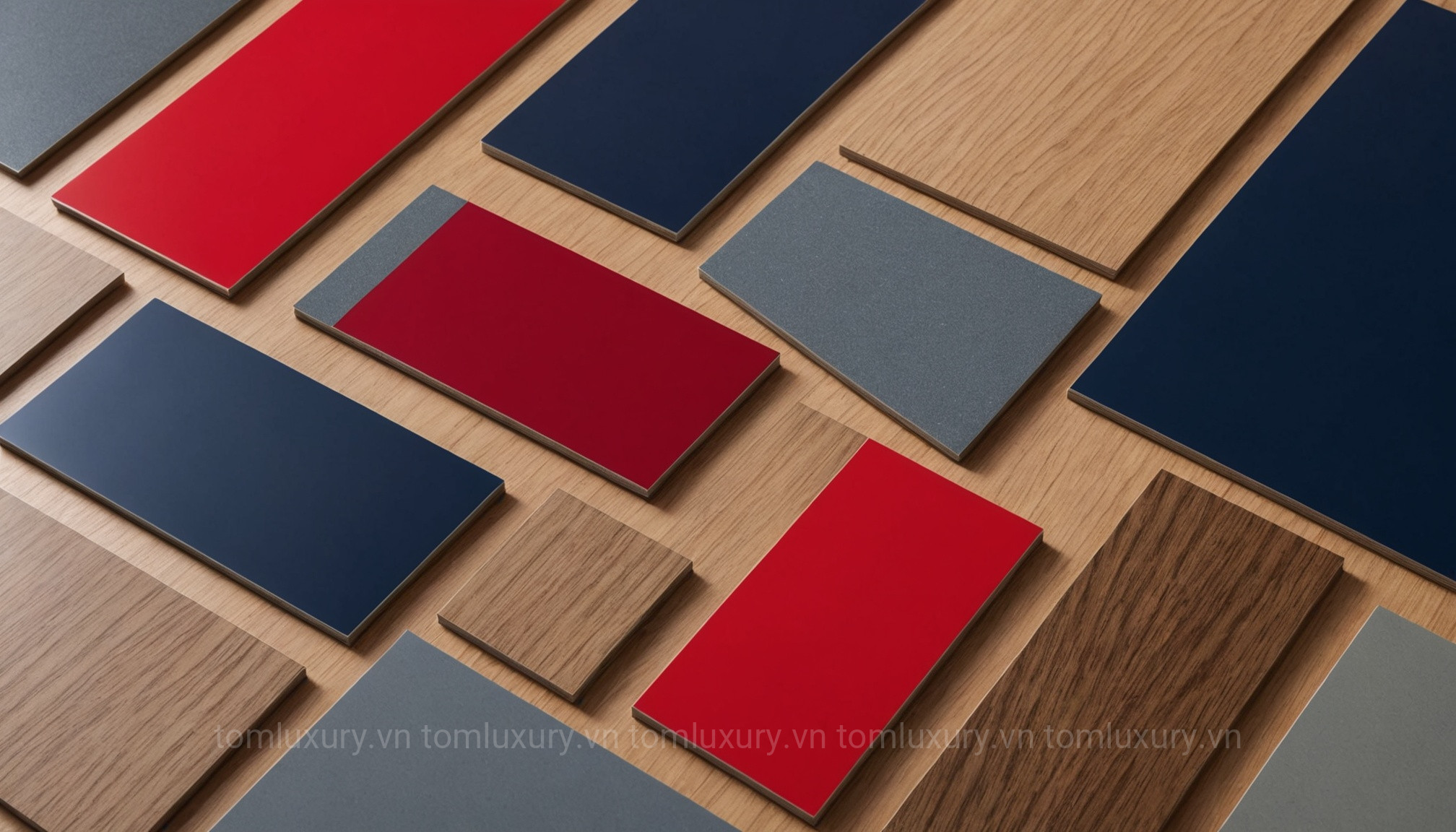 Tủ Bếp Gỗ Công Nghiệp Mdf Hdf - Sự Lựa Chọn Kinh Tế 4 Mẫu vật liệu đa dạng của tủ bếp gỗ công nghiệp MDF HDF với nhiều lớp phủ và màu sắc khác nhau.