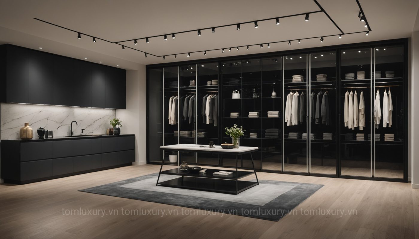 Showroom trưng bày các mẫu tủ áo và tủ bếp để tham khảo trước khi mua cánh kính nội thất cao cấp.
