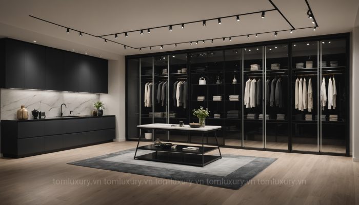 Showroom trưng bày các mẫu tủ áo và tủ bếp để tham khảo trước khi mua cánh kính nội thất cao cấp.