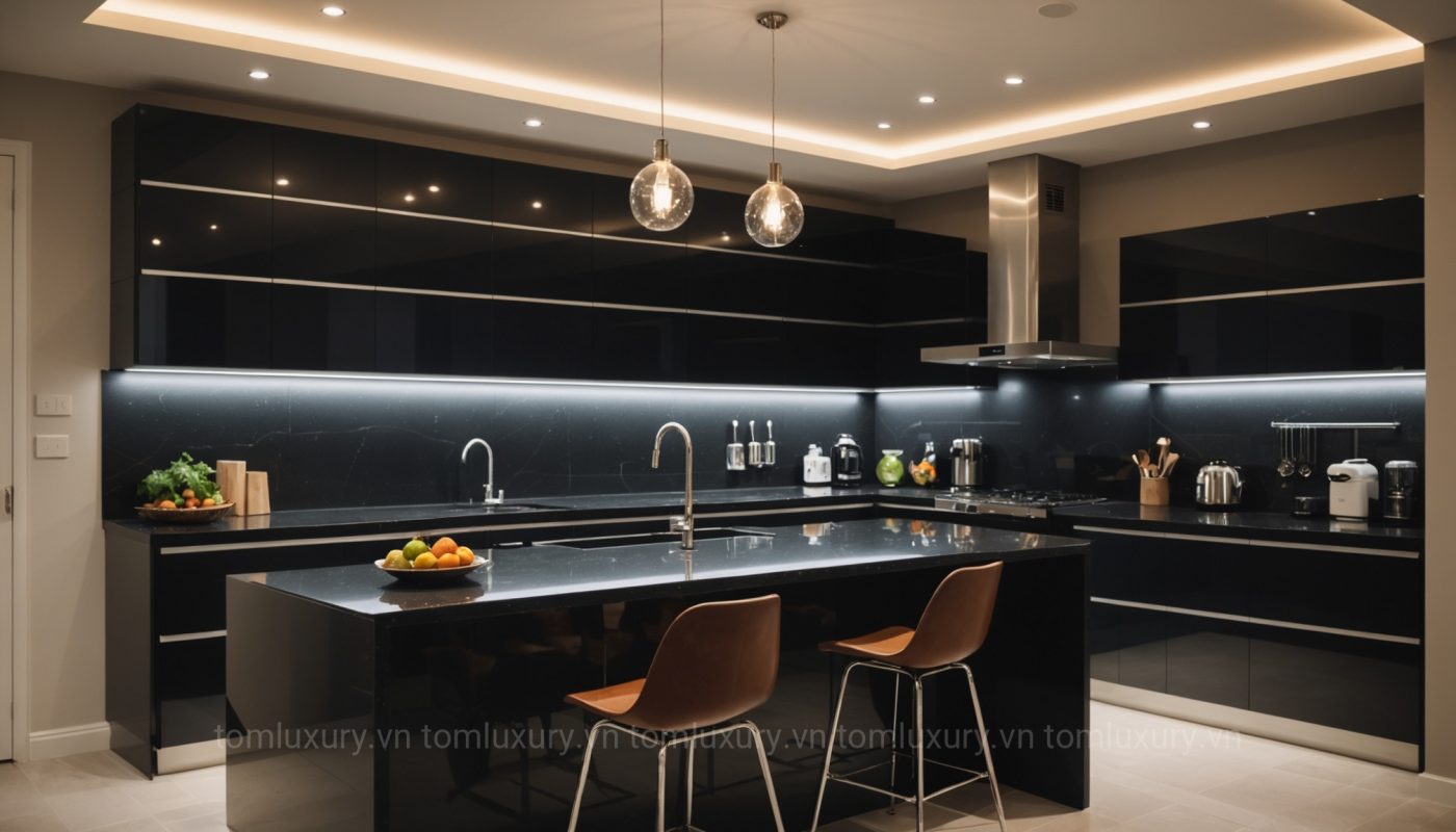 Máng nhôm chữ U được sử dụng để lắp đặt đèn LED âm tủ bếp, tạo hiệu ứng ánh sáng trang trí tinh tế.