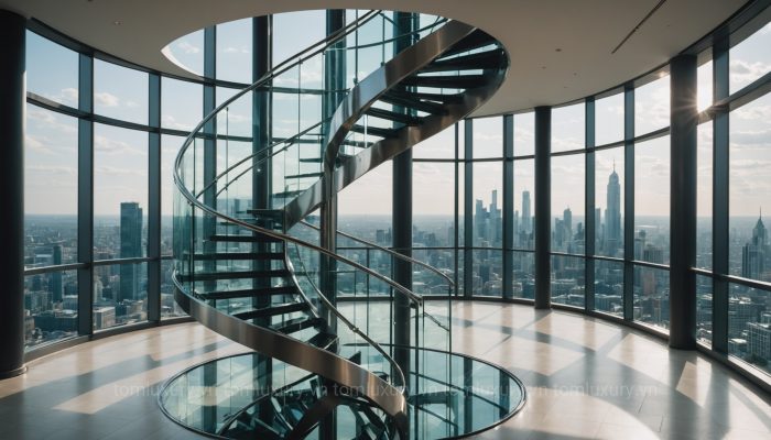 mẫu cầu thang kính tay vịn inox