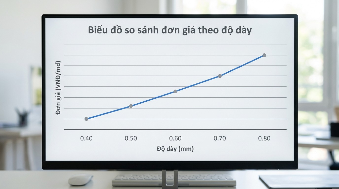 Biểu đồ so sánh đơn giá theo độ dày 0.40mm đến 0.80mm