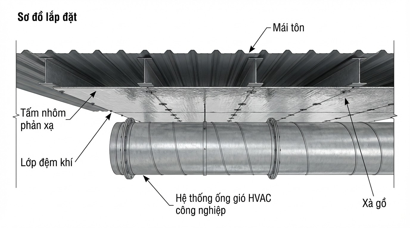 Sơ đồ lắp đặt tấm nhôm dưới mái tôn và phương án cho hệ HVAC công nghiệp