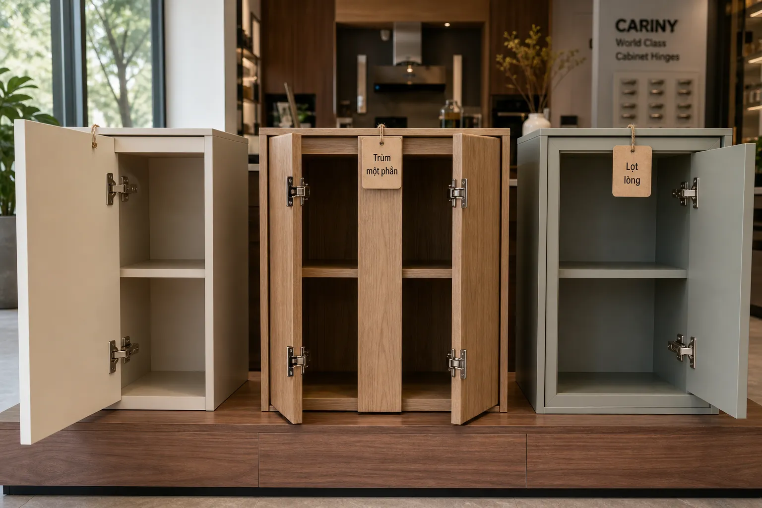 Ba mẫu cánh tủ bếp đặt cạnh nhau trong một showroom nội thất, mỗi mẫu thể hiện rõ kiểu trùm ngoài, trùm giữa và lọt lòng, cánh mở ra để lộ bản lề Cariny gắn bên trong, có chú thích nhỏ bằng thẻ treo trên từng module, ánh sáng tự nhiên, góc chụp ngang rõ cấu tạo thùng tủ và vị trí bản lề