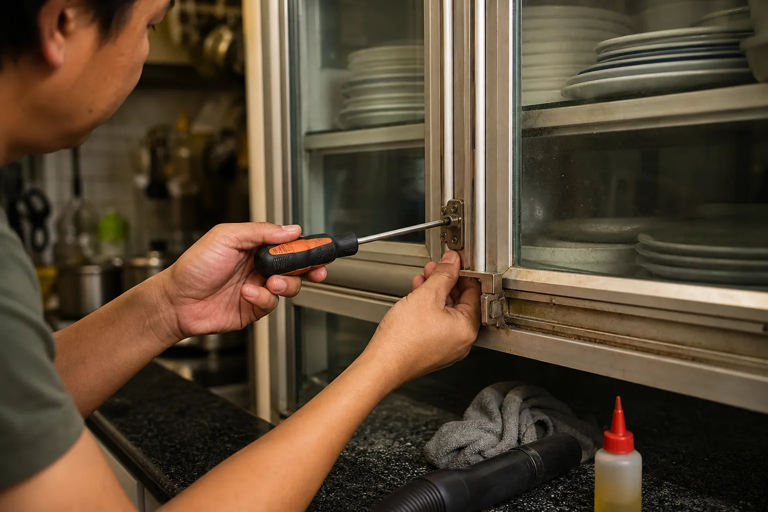 Mẫu Tủ Chén Nhôm Kính Cho Nhà Bếp 4 Mẫu Tủ Chén Nhôm Kính Ảnh thực tế một người đang bảo trì tủ chén nhôm kính trong bếp gia đình Việt, tay cầm tua vít chỉnh bản lề cánh tủ, bên cạnh là khăn mềm, máy hút bụi đầu nhỏ và chai bôi trơn silicone, cận cảnh thấy rõ bản lề, khung nhôm, mép kính và ray trượt có bụi dầu bếp, ánh sáng vàng ấm trong không gian bếp đang sử dụng