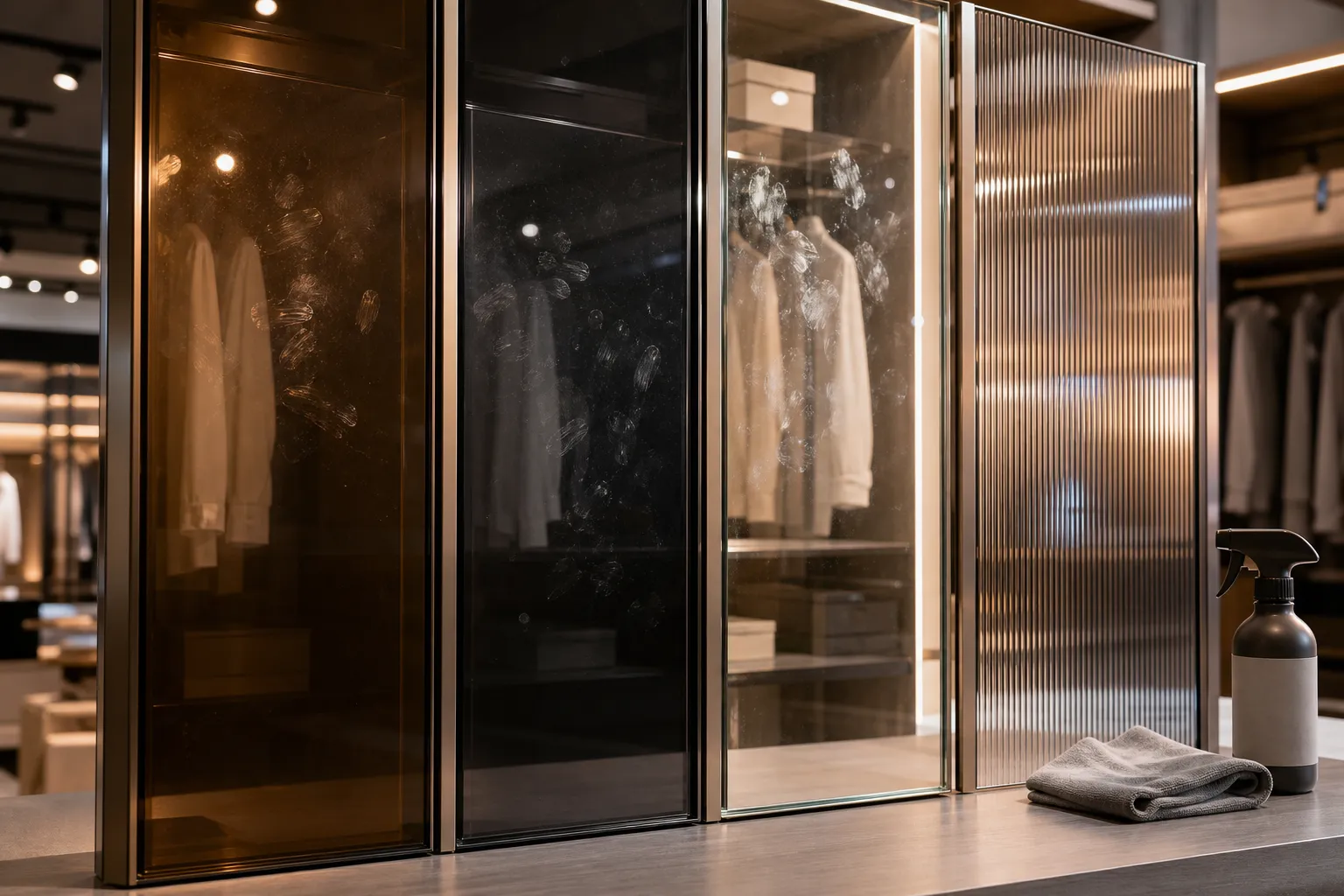 Ảnh cận cảnh bốn bề mặt kính tủ áo Tom Luxury sau khi chạm tay trực tiếp, gồm kính trà, kính xám khói, kính trong và kính sọc; dấu vân tay, vệt mờ và phản chiếu ánh sáng được thể hiện rõ, bên cạnh là khăn microfiber và chai dung dịch vệ sinh trung tính trong bối cảnh showroom thực tế