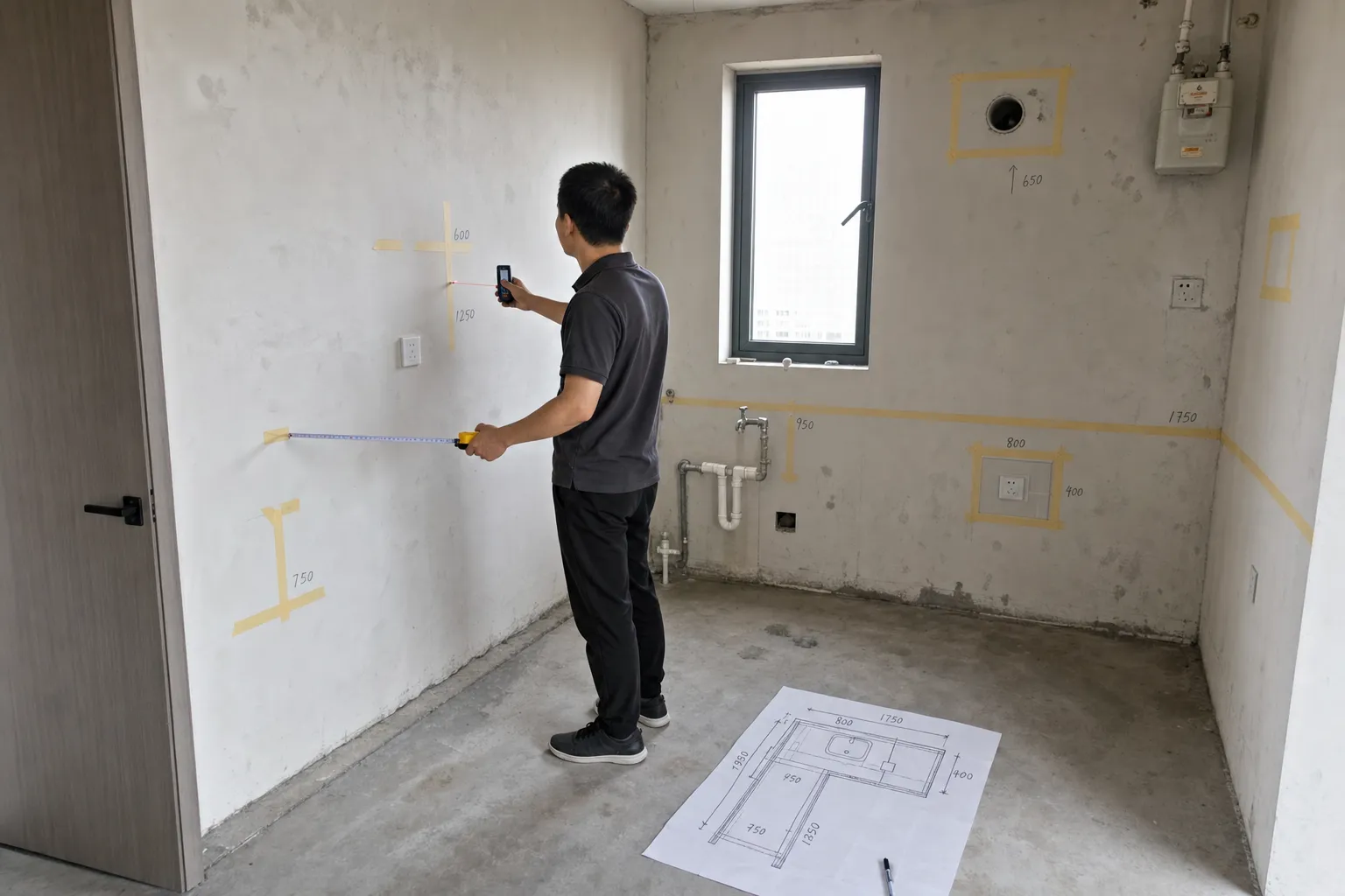 Kệ Tủ Bếp Nhôm Theo Kích Thước Và Công Năng 2 Kệ Tủ Bếp Nhôm Không gian bếp căn hộ chung cư nhỏ dạng chữ L đang được đo đạc thực tế, một người thợ cầm thước laser và thước cuộn đo từ góc tường đến vị trí chậu rửa và bếp từ, trên tường có cửa sổ nhỏ, hộp kỹ thuật và ổ điện được đánh dấu bằng băng keo giấy, mặt sàn đặt bản vẽ tay ghi kích thước bằng milimet, khung cảnh chân thật như khảo sát công trình trước thi công