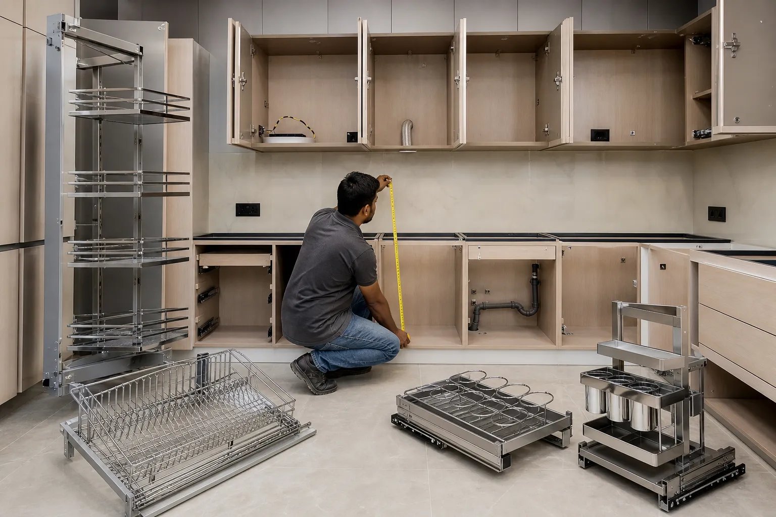 Phụ Kiện Tủ Bếp Inox Thợ lắp đặt trong một căn bếp đang hoàn thiện, dùng thước cuộn đo chính xác khoang tủ dưới và tủ trên. Các modul tủ tiêu chuẩn 600mm, 700mm, 800mm, 900mm được mở ra, bên cạnh là phụ kiện inox TOM Luxury gồm giá bát, giá xoong nồi, kệ gia vị và tủ kho đang chờ lắp. Khung cảnh rõ chi tiết kỹ thuật, sạch sẽ, ánh sáng công trình trung tính.