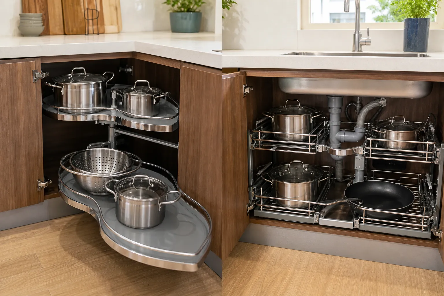 Chọn Giá Để Xoong Nồi Cảnh thực tế bên trong một khoang tủ bếp góc chữ L và một khoang dưới chậu rửa đặt cạnh nhau, một bên lắp kệ góc liên hoàn bằng inox đang kéo ra ngoài, bên còn lại có giá xoong nồi đã được chừa khoảng trống để tránh ống siphon và đường ống nước, ảnh trước sau ghép trong cùng khung, thể hiện rõ cách tối ưu không gian khó trong bếp gia đình Việt