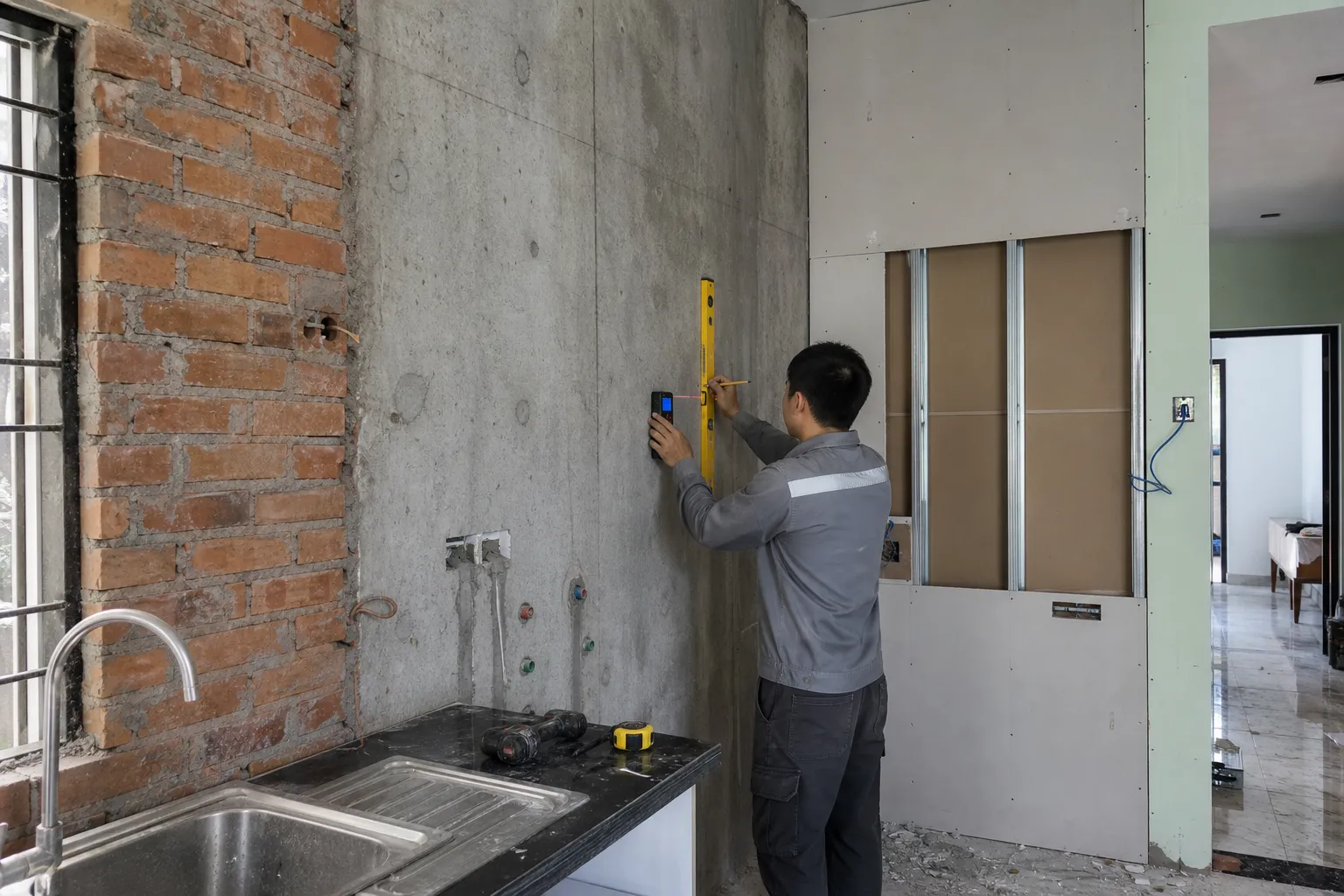 Tủ nhôm treo tường Kỹ thuật viên tại công trình nhà ở Việt Nam đang khảo sát nhiều loại tường khác nhau để treo tủ bếp, một khu vực là tường gạch cũ lộ mạch vữa, một khu vực là tường bê tông phẳng, một khu vực là vách thạch cao có khung xương kim loại, dụng cụ gồm máy dò, thước nivo, bút đánh dấu, không gian bếp đang hoàn thiện, ảnh tài liệu công trường chân thực