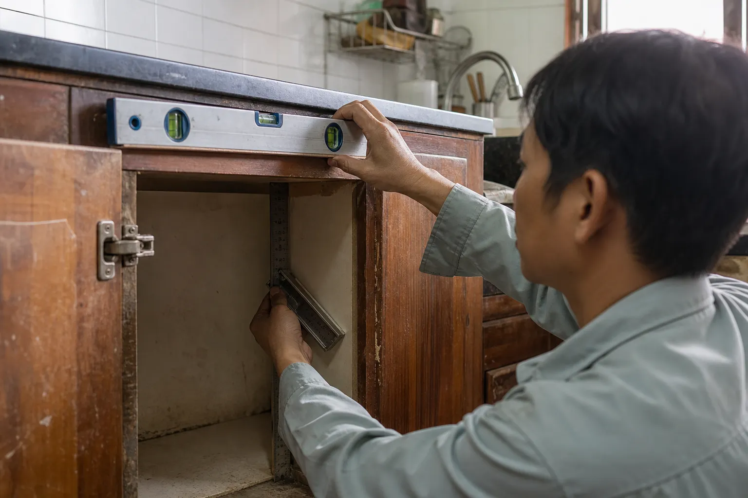 Thay Cánh Tủ Bếp Cũ Bằng Cánh Kính Khung Nhôm Có Được Không? 1 Cảnh chụp cận thực tế trong bếp gia đình Việt Nam, một người thợ đang mở cánh tủ bếp cũ và dùng thước thủy đặt ngang mép khung tủ, tay còn lại dùng thước vuông áp vào góc trong của thùng tủ để kiểm tra độ vuông, ánh sáng tự nhiên từ cửa sổ chiếu vào, bề mặt tủ có vài dấu hiệu cũ như xước nhẹ và mép dán cạnh bong nhỏ, khung cảnh chân thực như ảnh khảo sát công trình cải tạo
