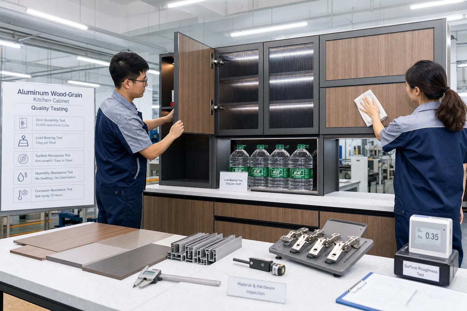 Tủ Bếp Nhôm Giả Gỗ: Cấu Tạo, Mẫu Mã Và Độ Bền 4 Cảnh thực tế trong xưởng kiểm tra chất lượng tủ bếp nhôm giả gỗ, kỹ thuật viên đang thử đóng mở cánh tủ, đặt tải lên đợt kệ và lau bề mặt bằng khăn mềm; trên bàn có mẫu vật liệu, dụng cụ đo, ánh sáng trắng rõ ràng, không gian kỹ thuật sạch sẽ, nhấn mạnh tính kiểm tra thực tế