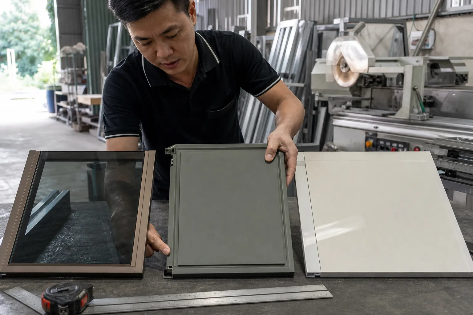 Cách Tối Ưu Chi Phí Tủ Bếp Nhôm Mà Không Giảm Chất Lượng Quan Trọng 1 Cảnh chụp thực tế trong xưởng nội thất Việt Nam, ba mẫu cánh tủ bếp nhôm đặt cạnh nhau trên bàn gia công cánh nhôm kính màu khung mảnh, cánh nhôm phẳng sơn tĩnh điện bề mặt lì, cánh nhôm phủ bề mặt bóng kiểu acrylic; phía sau có thước đo, máy cắt nhôm, người thợ đang chỉ tay vào mép cánh và độ dày khung, ánh sáng tự nhiên, góc chụp cận trung để thấy rõ vật liệu và hoàn thiện bề mặt