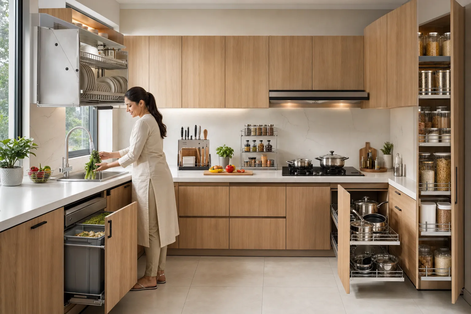 Phụ Kiện Tủ Bếp Inox Không gian bếp chữ L hiện đại, tông gỗ sáng và đá trắng, có người nội trợ đang thao tác theo quy trình rõ ràng bên trái là chậu rửa với giá bát đĩa phía trên và thùng rác âm tủ kéo ra dưới chậu; ở giữa là khu sơ chế có kệ dao thớt inox và kệ gia vị inox gần mặt bàn; bên phải là khu bếp nấu với giá xoong nồi inox kéo ra từ tủ dưới và tủ kho cao ở cuối dãy. Bố cục thể hiện luồng di chuyển mạch lạc trong bếp.