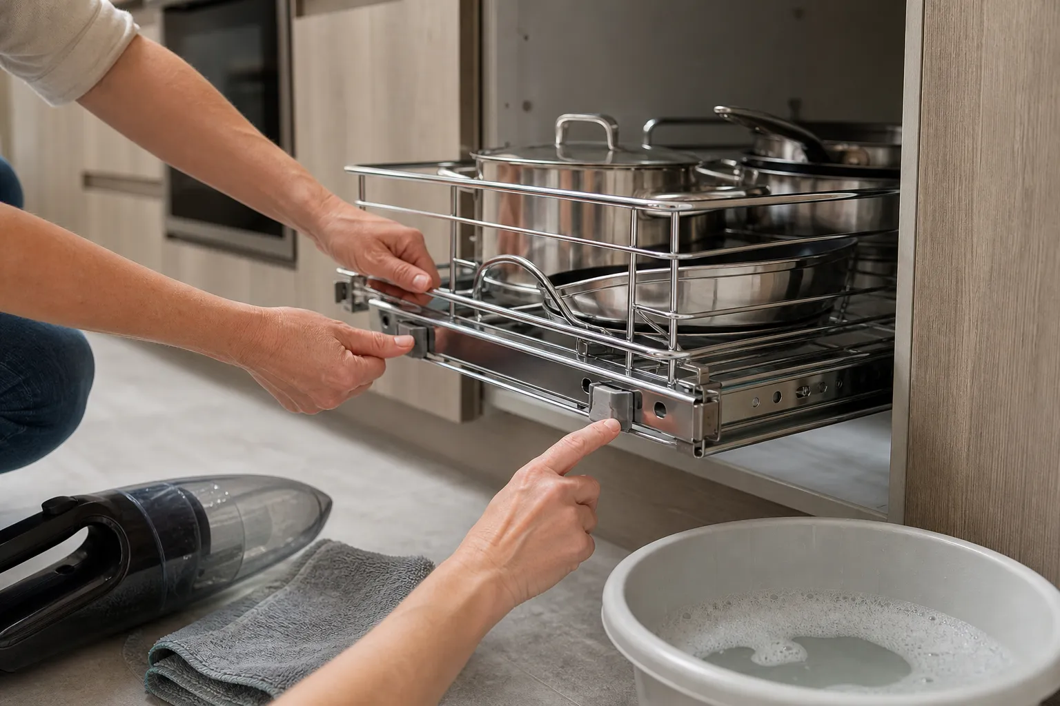 Chọn Giá Để Xoong Nồi Cận cảnh hai bàn tay đang tháo rổ giá xoong nồi ra khỏi ray trượt bên trong tủ bếp dưới, rổ inox đã kéo hết cỡ, ngón tay chỉ vào hai lẫy nhựa ở hai bên ray, bên cạnh có khăn microfiber, máy hút bụi cầm tay và chậu nước ấm, bối cảnh như một buổi vệ sinh thực tế trong căn bếp gia đình