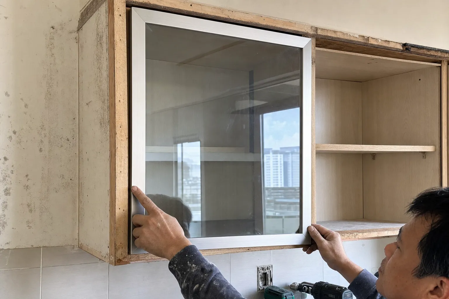 Thay Cánh Tủ Bếp Cũ Bằng Cánh Kính Khung Nhôm Có Được Không? 2 Ảnh thực tế một bộ tủ bếp cũ sau khi tháo cánh gỗ, phần khung tủ hơi cong ở mặt trước, một cánh kính khung nhôm mới được áp thử vào vị trí lắp đặt cho thấy khe hở bên trái lớn hơn bên phải khoảng vài milimet, người thợ đang chỉ tay vào mép khe lệch để giải thích lỗi kỹ thuật, bối cảnh là công trình cải tạo bếp trong căn hộ