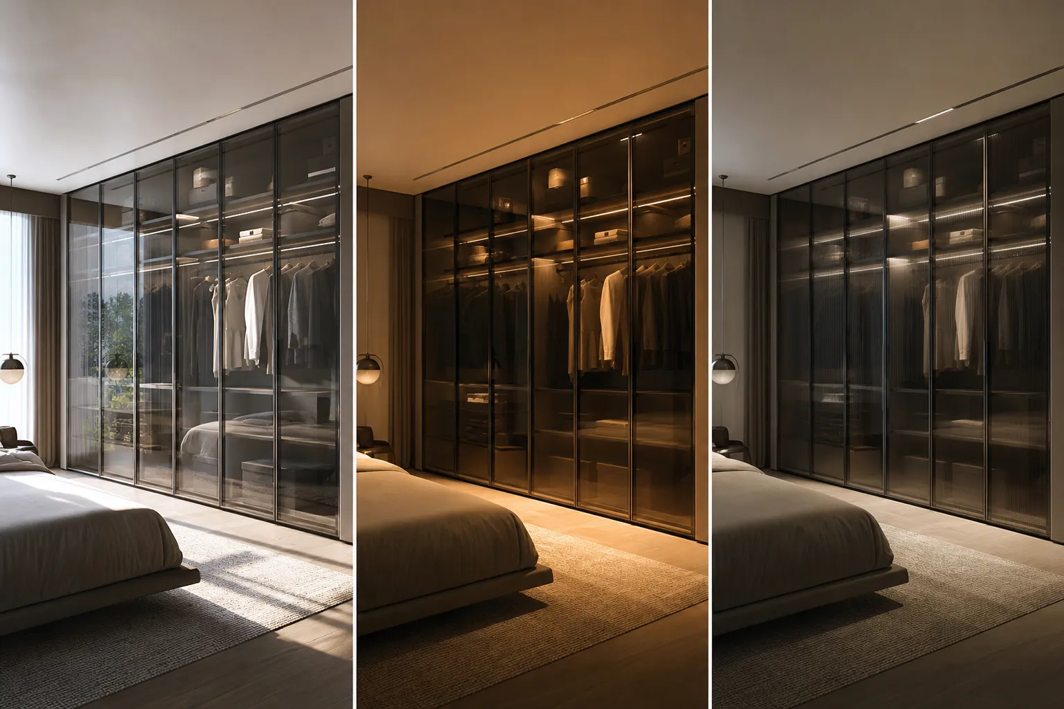 Một tủ quần áo Tom Luxury trong phòng ngủ mẫu được chụp ở ba điều kiện ánh sáng khác nhau ánh sáng tự nhiên ban ngày từ cửa sổ, đèn vàng 3000K buổi tối và đèn trung tính 4000K; bề mặt kính thay đổi phản xạ và độ trong theo từng điều kiện, nội thất bên trong tủ nhìn rõ ở mức khác nhau, khung nhôm sắc nét