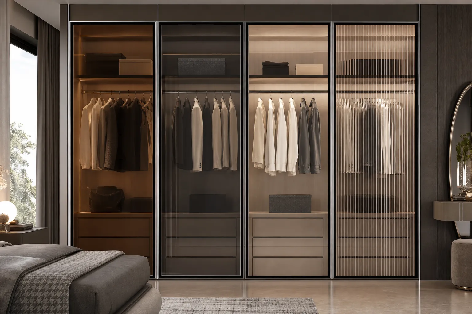 Bốn cánh tủ áo kính Tom Luxury đặt cạnh nhau trong showroom thực tế, cùng kích thước và cùng kiểu khung nhôm, lần lượt là kính trà, kính xám khói, kính trong và kính sọc; bên trong mỗi khoang có quần áo sáng màu và tối màu để so sánh khả năng nhìn xuyên, ánh sáng phản chiếu trên bề mặt kính, góc chụp chính diện rõ nét, bối cảnh phòng ngủ mẫu cao cấp nhưng thực tế