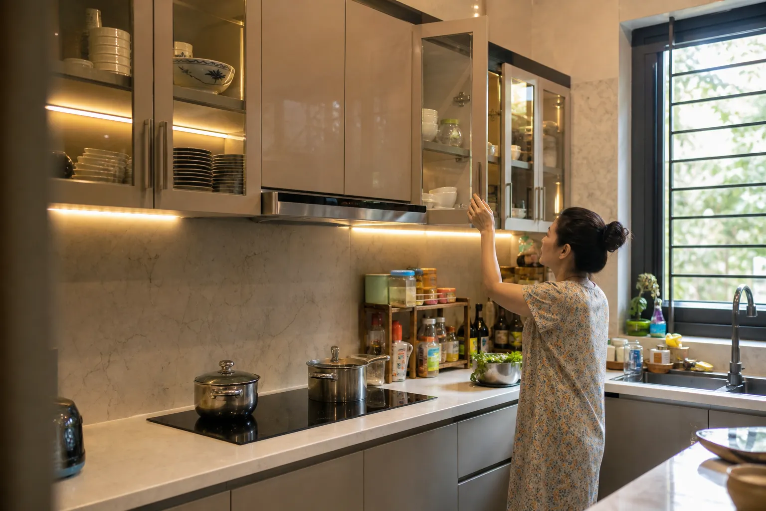 Tủ Bếp Nhôm Tổ Ong Cánh Kính: Cấu Tạo Và Cách Lựa Chọn 3 Không gian bếp gia đình Việt đã sử dụng tủ bếp nhôm tổ ong cánh kính trong thực tế, có bếp nấu, máy hút mùi, nồi chảo, bề mặt cánh kính sạch, một người nội trợ đang mở cánh tủ trên nhẹ nhàng, ánh sáng tự nhiên pha đèn vàng ấm, thể hiện môi trường có hơi nước và sử dụng hằng ngày