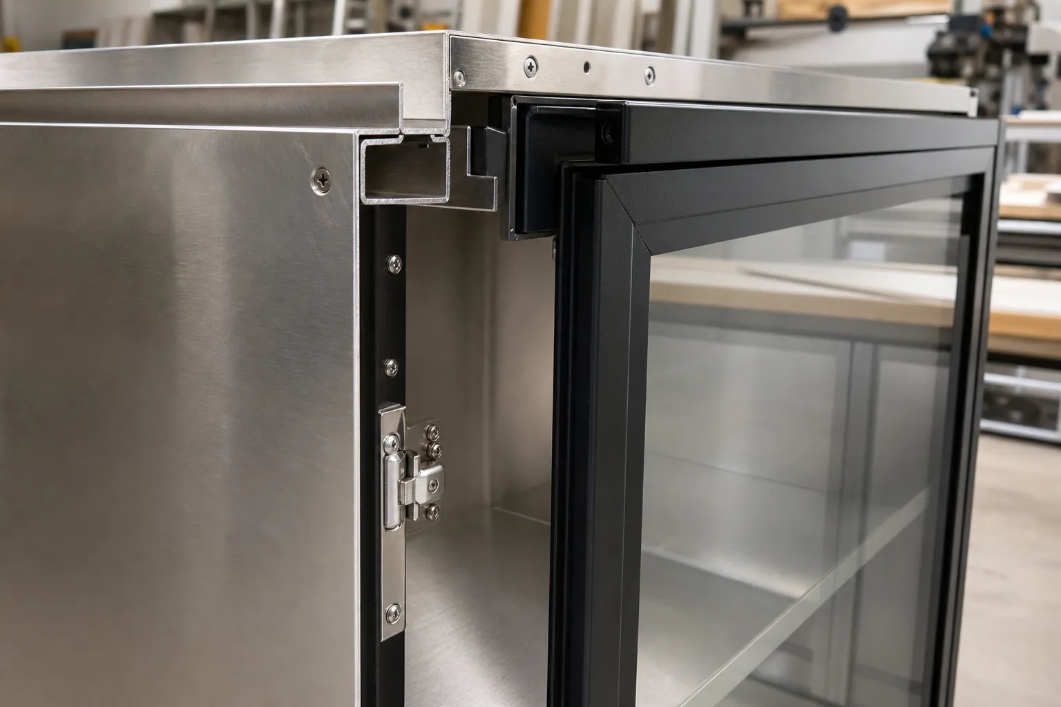 Tủ Bếp Inox 304 Cánh Kính: Cấu Tạo, Mẫu Và Chi Phí 1 Tủ Bếp Inox 304 Cánh Kính Ảnh cận cảnh thực tế một bộ tủ bếp inox 304 cánh kính tại xưởng nội thất, cho thấy mặt cắt kỹ thuật giữa thùng inox xước mờ, khung nhôm anode màu đen và tấm kính cường lực lắp âm, ánh sáng xưởng rõ nét, bề mặt kim loại phản chiếu nhẹ, góc chụp nghiêng để thấy liên kết vít, nẹp và độ dày vật liệu