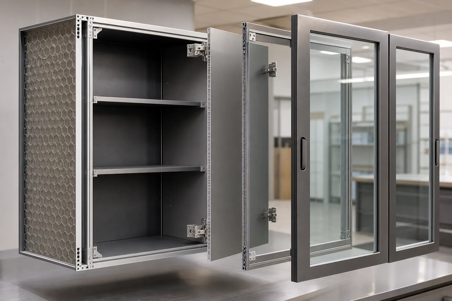 Tủ Bếp Nhôm Tổ Ong Cánh Kính: Cấu Tạo Và Cách Lựa Chọn 1 Ảnh chụp kiểu exploded view của một bộ tủ bếp nhôm tổ ong cánh kính thực tế, các lớp được tách nhẹ để thấy rõ thùng tủ nhôm tổ ong phía sau và cánh kính khung nhôm phía trước, bối cảnh xưởng nội thất sạch sẽ, ánh sáng trắng trung tính, thấy rõ mặt cắt vật liệu, pát nối góc, bản lề và tay nắm âm