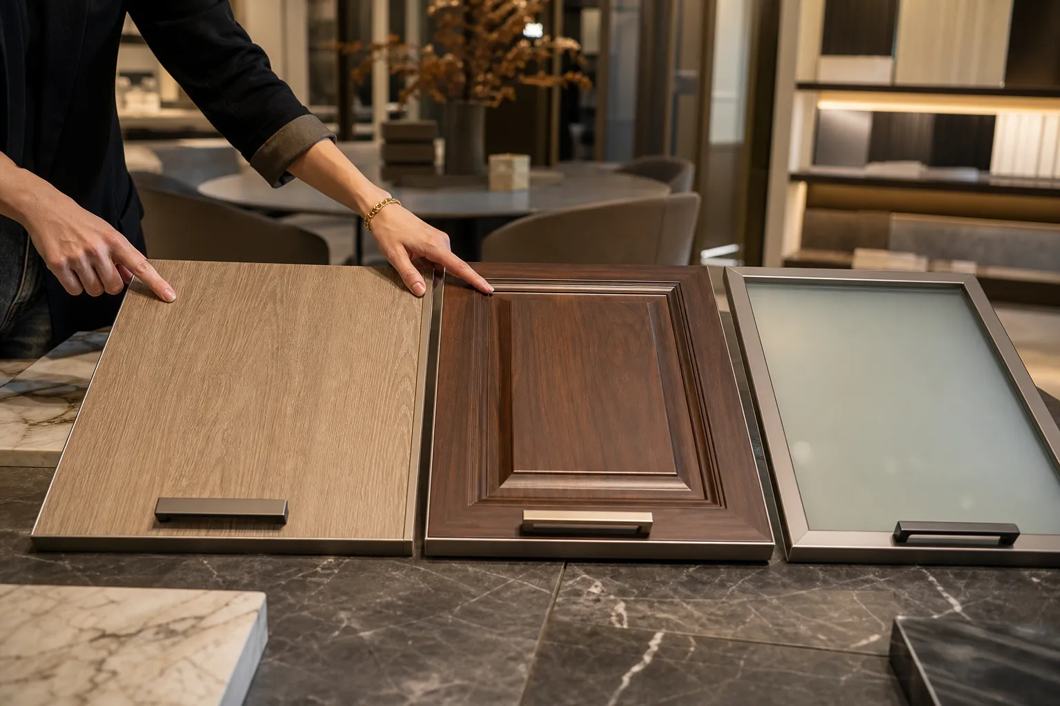 Bàn trưng bày vật liệu trong showroom nội thất, nhiều mẫu cánh tủ bếp nhôm giả gỗ đặt cạnh nhau gồm cánh phẳng vân sồi, cánh soi huỳnh màu óc chó, cánh khung kính mờ viền nhôm, tay người tư vấn đang chỉ vào từng mẫu, ánh sáng showroom ấm, bề mặt vật liệu rõ chi tiết