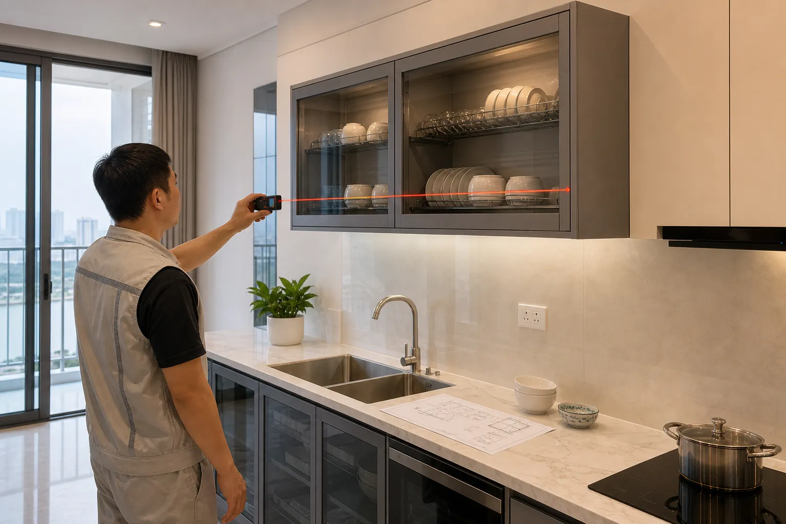 Tủ Chén Nhôm Rộng 1.2m Theo Yêu Cầu 1 Tủ Chén Nhôm Không gian bếp thực tế tại căn hộ Việt Nam với tủ chén nhôm rộng 1.2 mét đang được đo đạc, kỹ thuật viên dùng thước laser kiểm tra chiều rộng 1200mm, chiều sâu 350mm cho tủ trên và 600mm cho tủ dưới, bề mặt bếp sáng màu, bản vẽ kỹ thuật đặt trên mặt đá, góc chụp cận cảnh thể hiện rõ tỷ lệ tủ và người sử dụng