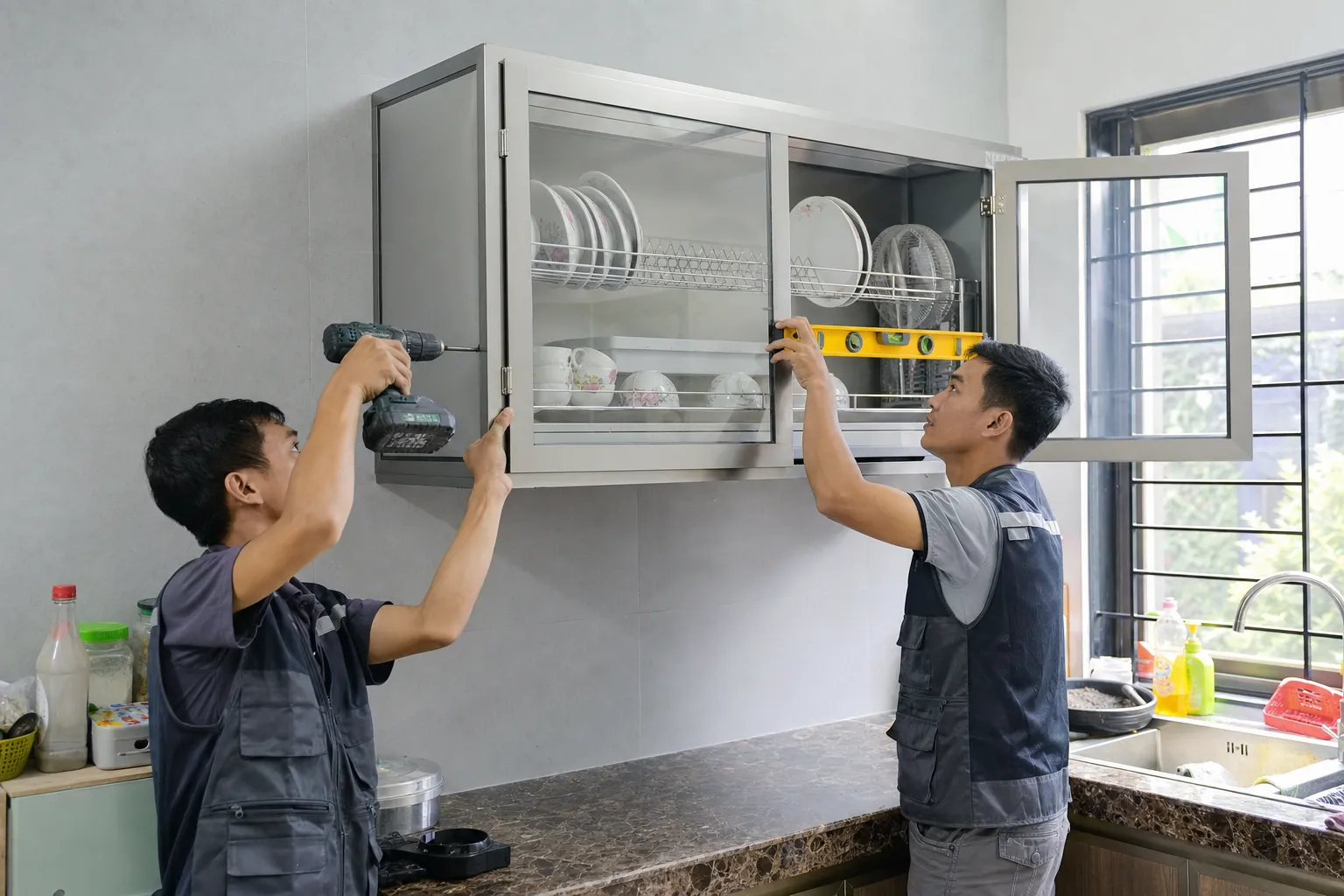 Tủ Chén Nhôm Rộng 1.2m Theo Yêu Cầu 4 Tủ Chén Nhôm Cảnh lắp đặt thực tế tủ chén nhôm rộng 1.2 mét trong căn bếp gia đình Việt Nam, hai thợ kỹ thuật đang cân chỉnh cánh tủ bằng máy bắn vít và thước nivo, tủ màu ghi sáng đã hoàn thiện gần xong, mặt đá bếp sạch, ánh sáng tự nhiên, thể hiện rõ quy trình nghiệm thu tại công trình