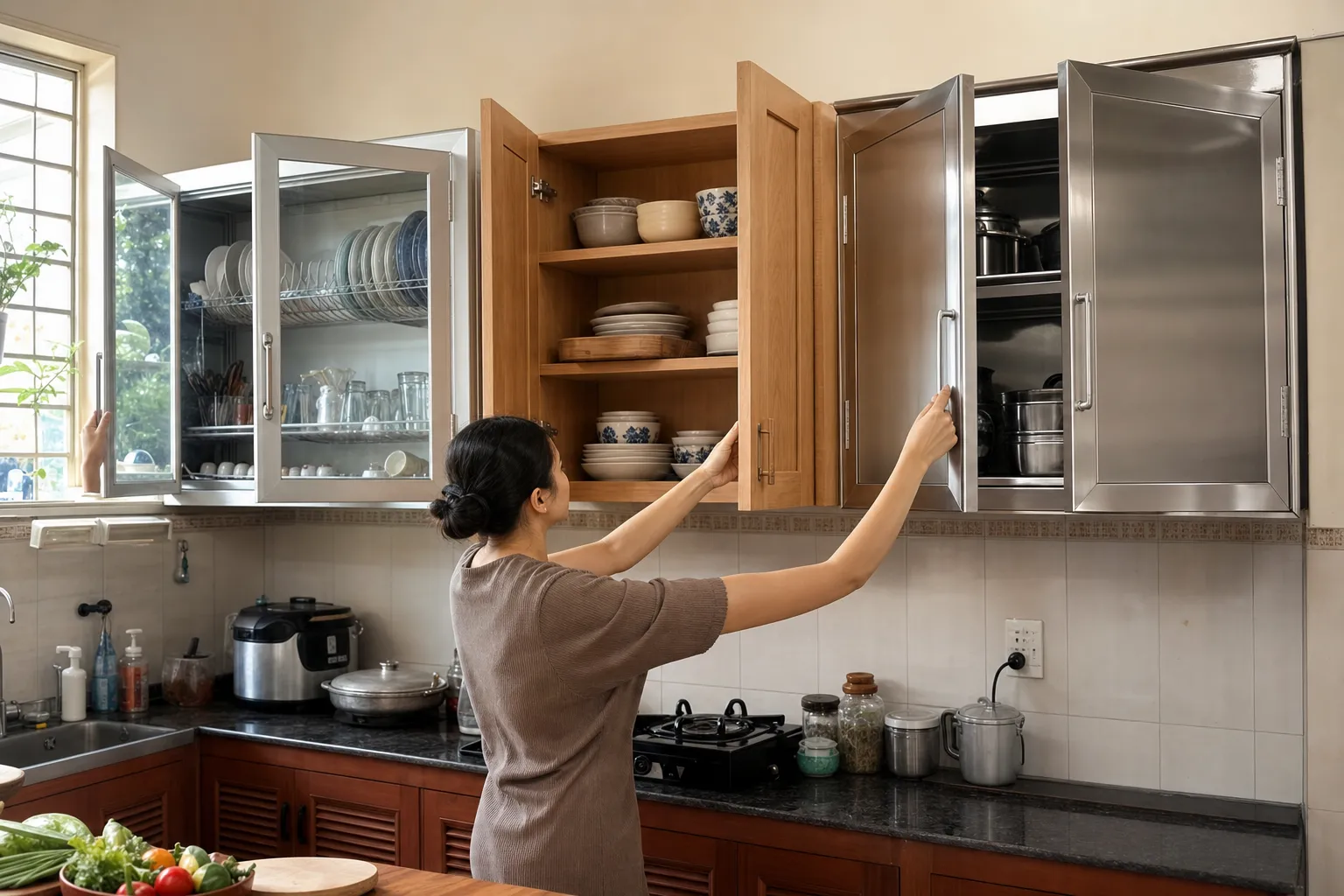 Mẫu Tủ Chén Nhôm Kính Cho Nhà Bếp 1 Mẫu Tủ Chén Nhôm Kính Ảnh chụp thực tế trong một nhà bếp Việt Nam, đặt cạnh nhau ba mẫu tủ bếp mẫu bằng nhôm kính, gỗ công nghiệp và inox, góc chụp ngang ở tầm mắt, ánh sáng tự nhiên từ cửa sổ bên trái, thể hiện rõ bề mặt cánh tủ, khung, tay nắm và cảm giác vật liệu, có người dùng đang mở thử từng cánh tủ để thấy độ rung và độ phản xạ ánh sáng, bối cảnh bếp gia đình ấm cúng chứ không phải showroom công nghiệp