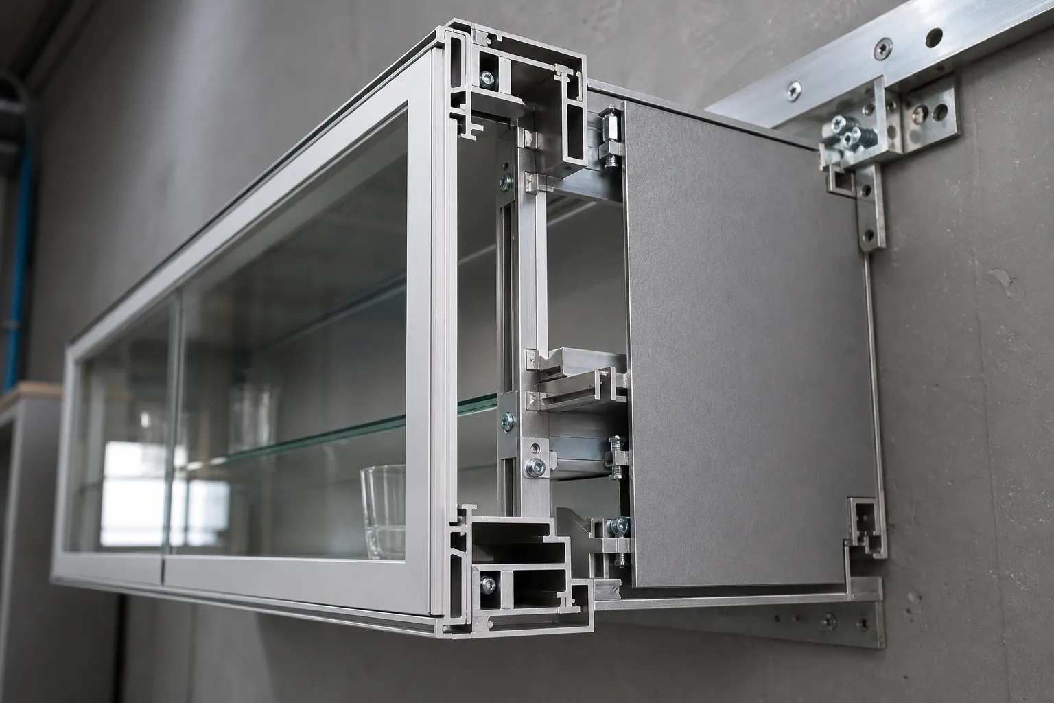 Tủ nhôm treo tường Cận cảnh thực tế một tủ bếp treo tường bằng nhôm kính đang được tháo một phần để lộ cấu trúc khung nhôm bên trong, thấy rõ mặt cắt profile nhôm dày, các góc liên kết cơ khí, vít liên kết, thanh treo phía sau tủ, bề mặt kính cường lực ở cánh tủ, ánh sáng xưởng kỹ thuật, phong cách ảnh tài liệu kỹ thuật chân thực, độ chi tiết cao